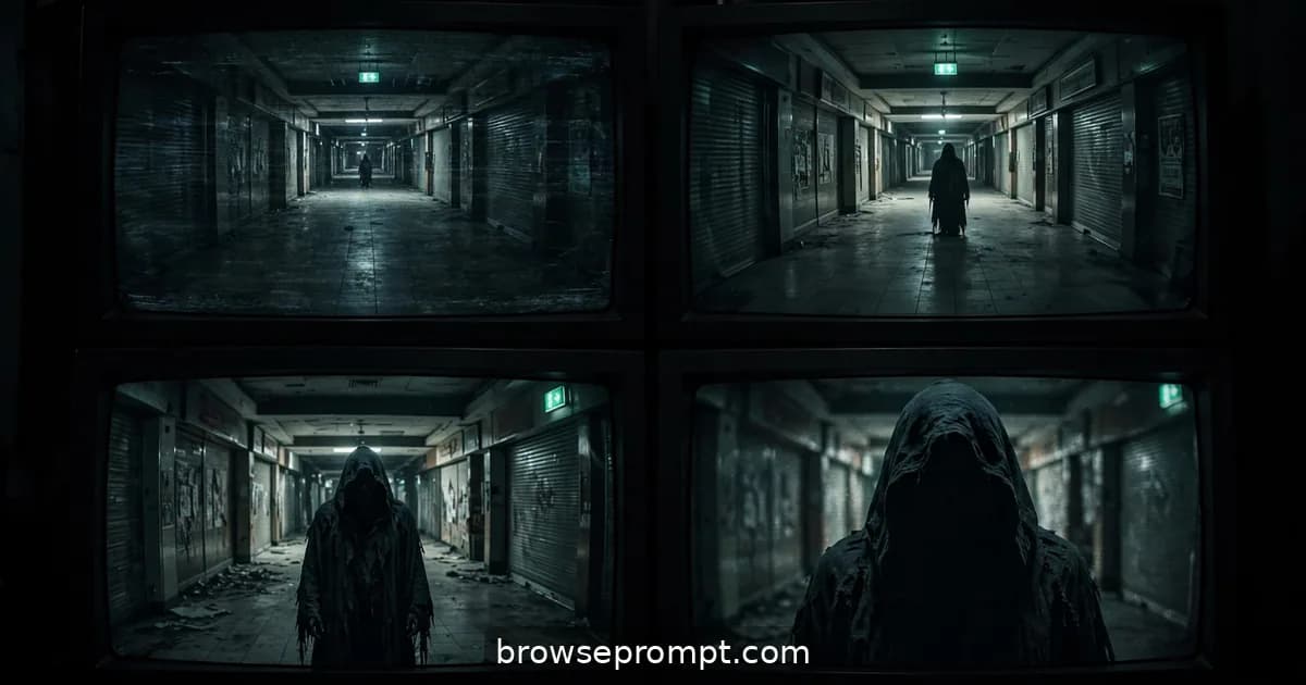 Horror film still: abandoned mall security room, steeped in surveillance turned back on the watcher.