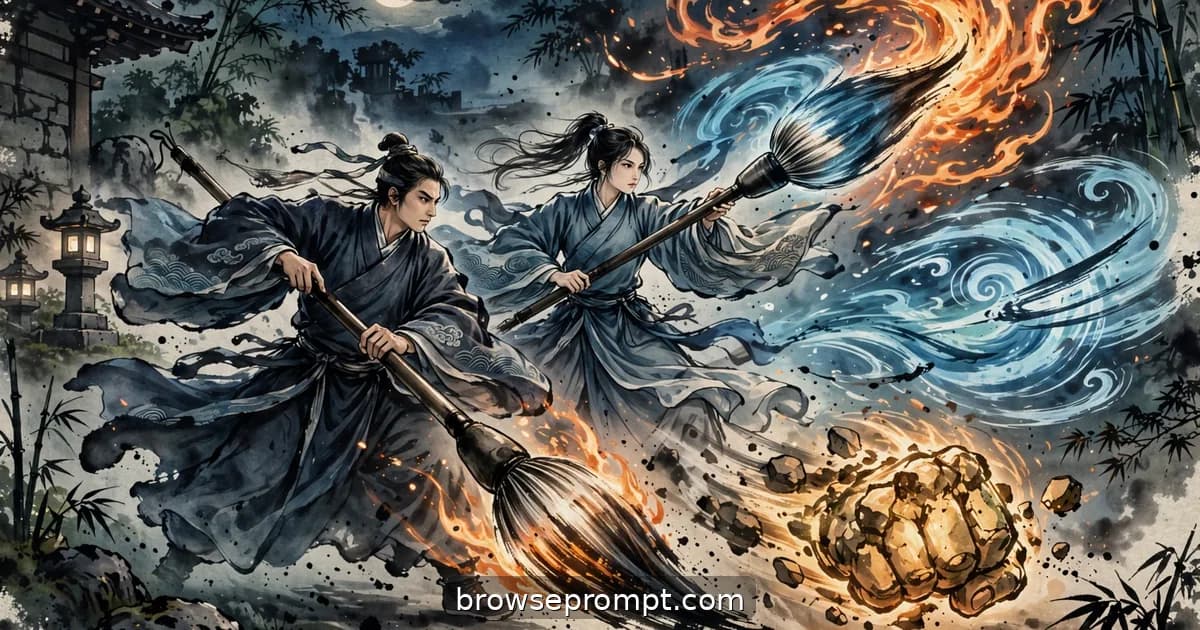 Two scholar-robed calligrapher-warriors paint giant glowing kanji mid-air that erupt into fire, wind, and stone attacks.