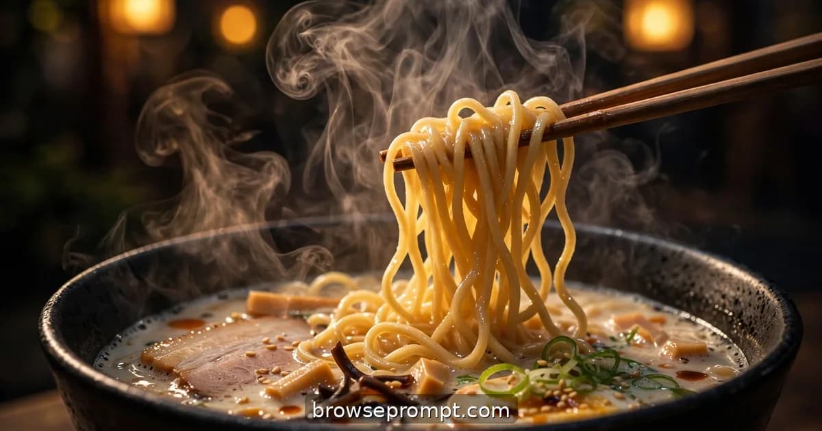 A black bowl of tonkotsu ramen steaming under a warm paper lantern, chopsticks lifting glossy noodles.