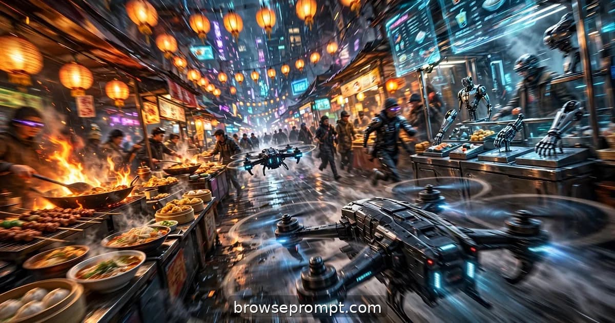 A drone's view racing through a crowded cyberpunk night market strung with paper lanterns and flickering holograms.