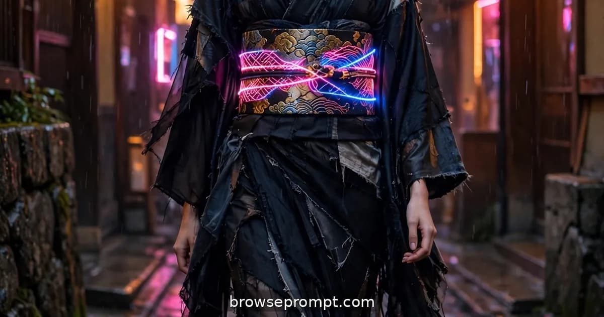 A model in a deconstructed silk kimono with LED-threaded brocade walks a rain-wet Kyoto alley under neon signs.