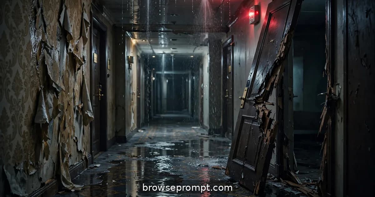 Bodyguard fighting attackers in a burning hotel hallway in one continuous take, cinematic still.