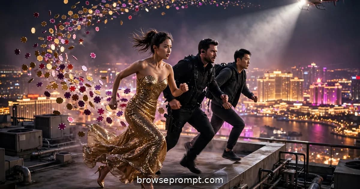 Heist crew sprinting across a Macau casino roof at night with chips scattering, cinematic still.