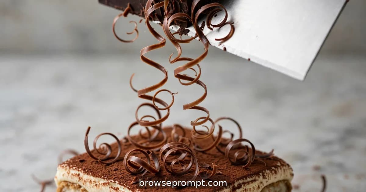 A blade shaving paper-thin chocolate curls that twist and flutter down onto a tiramisu.