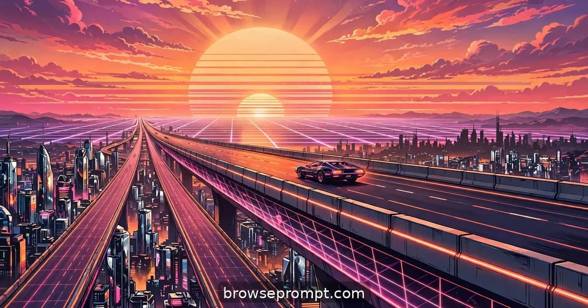 A smooth cruise along an elevated cyberpunk highway at sunset, retro orange light washing over streams of traffic.