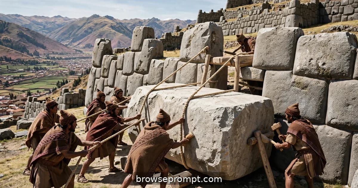 Inca stonemasons ease a colossal limestone block into a seamless mortarless wall above the Cusco valley.