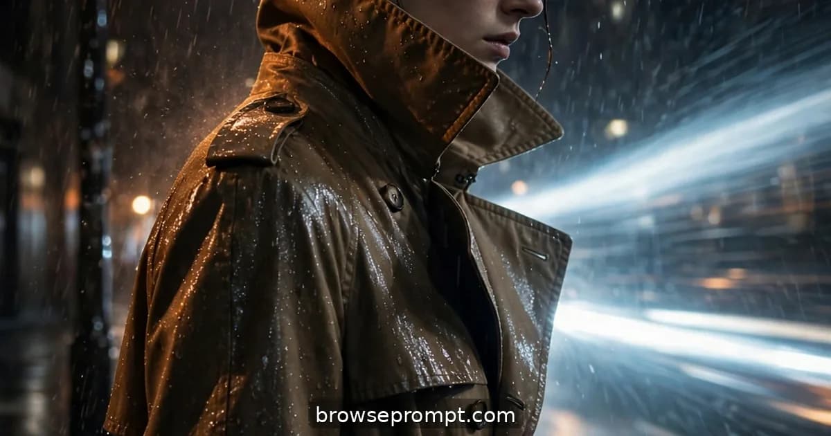 A figure in a camel trench coat with collar up speaks urgently under a hissing streetlamp as rain beads on gabardine.