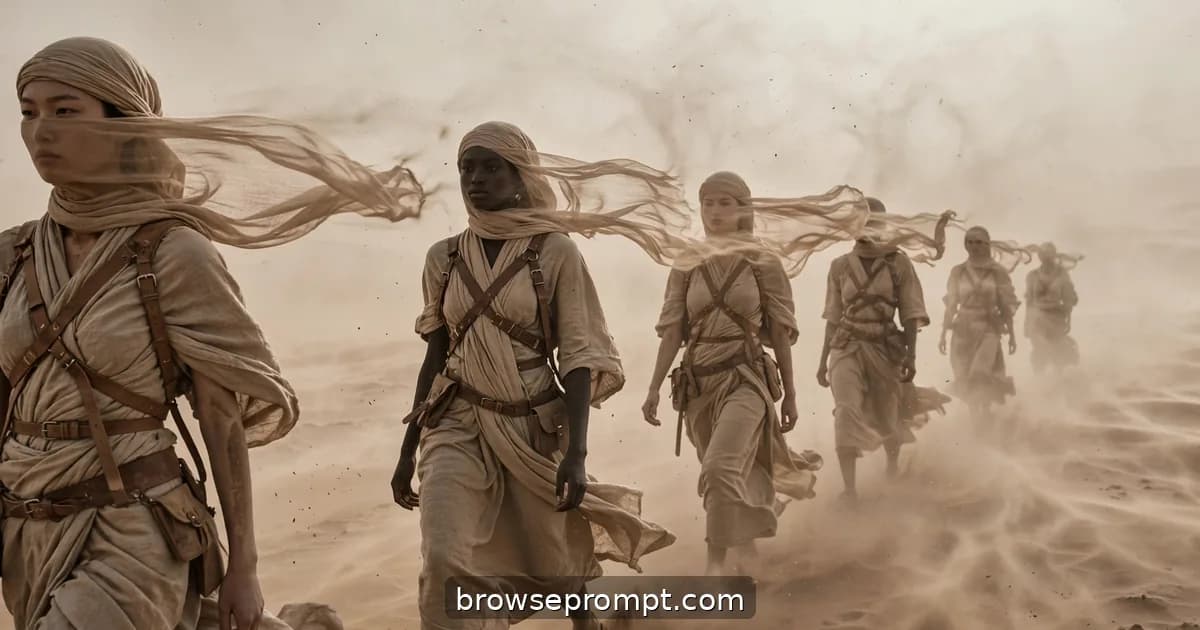 A caravan of models marches through a desert sandstorm in layered nomad couture with streaming face veils.