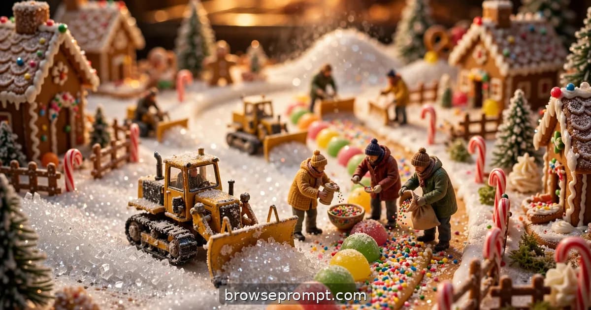 Tilt-shift photo of tiny snowplows clearing sugar drifts from a gingerbread village after a storm.