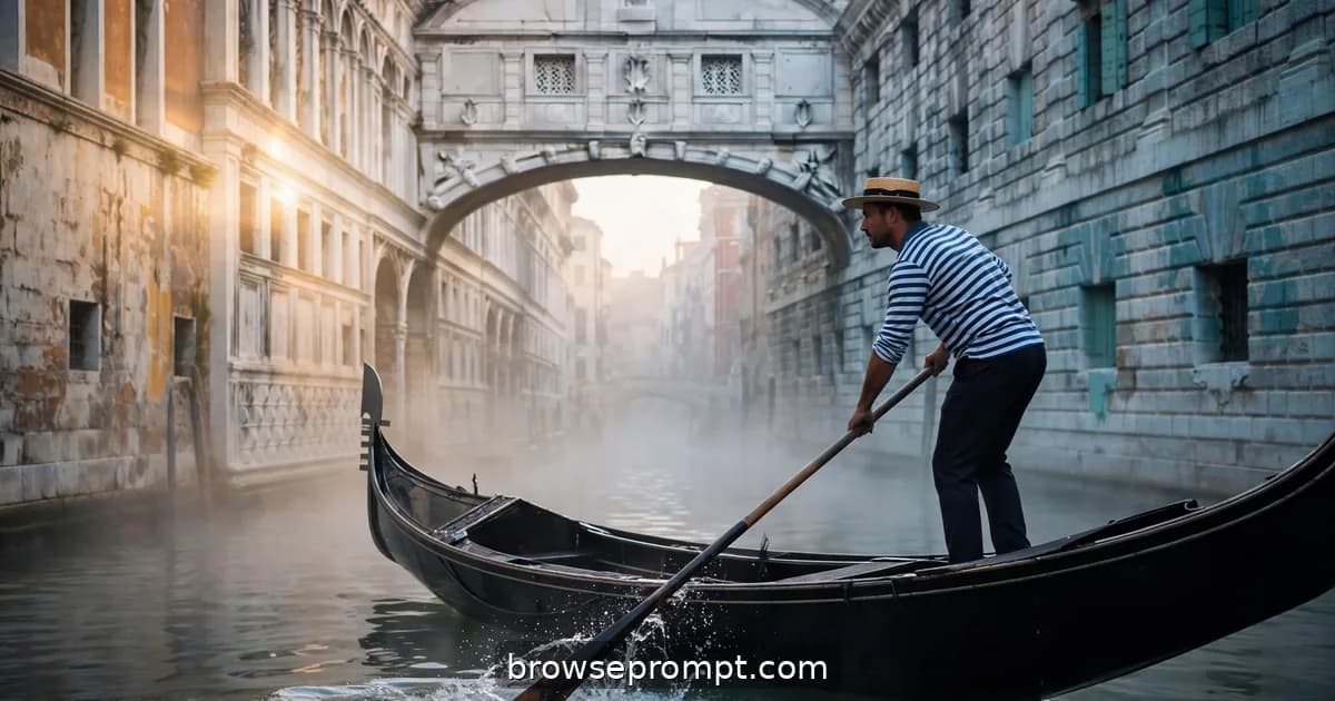 Gondolier poling an empty gondola through dawn mist beneath the Bridge of Sighs in Venice.