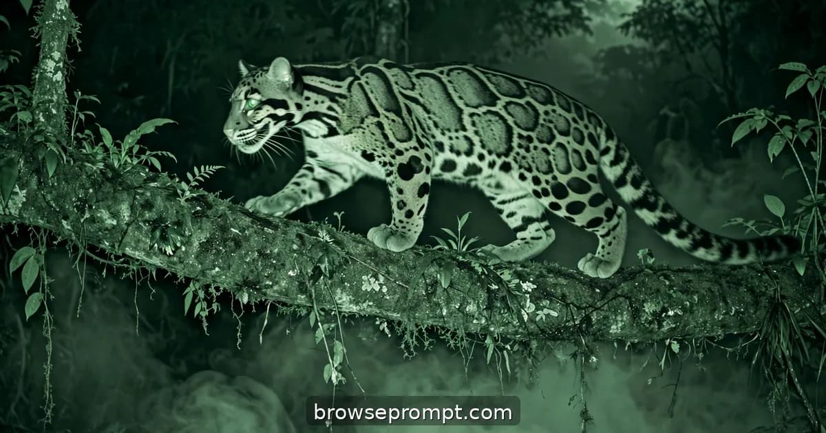 A clouded leopard moves along a moonlit rainforest branch, its cloud-patterned coat and glowing eyes caught in night light.