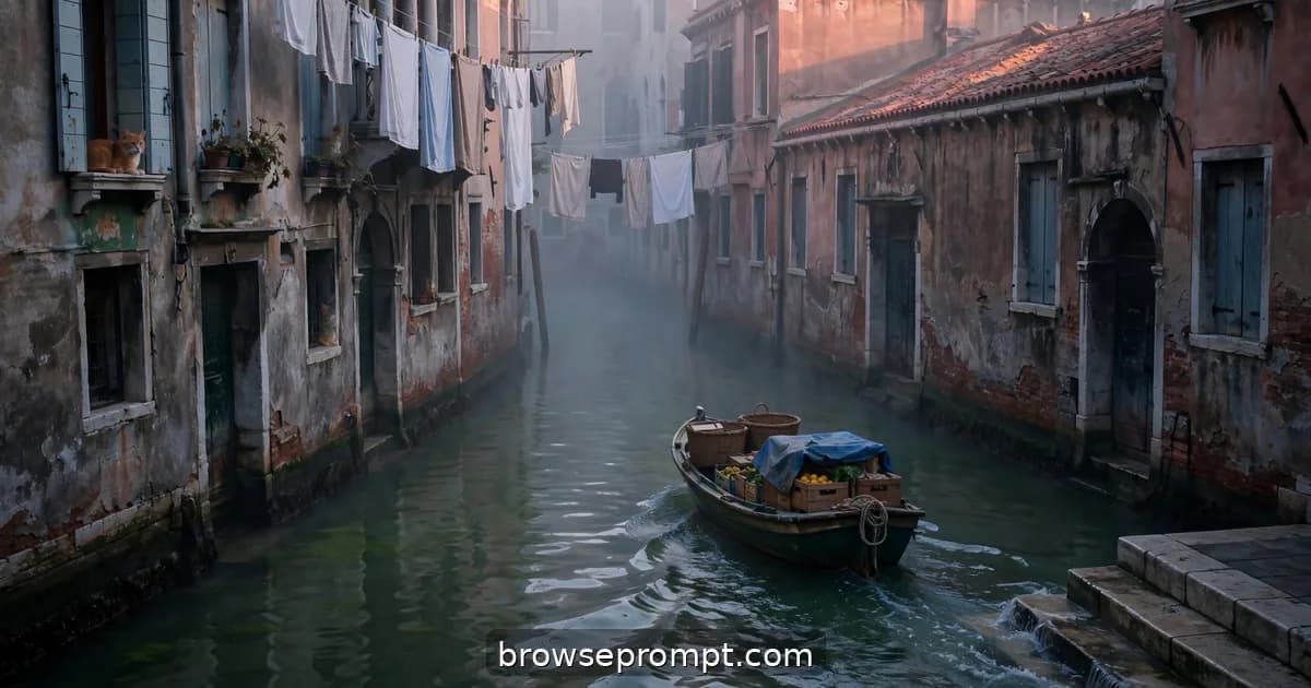 Mist hanging over a quiet Venetian side canal at dawn with rose-gold light on the palazzi.