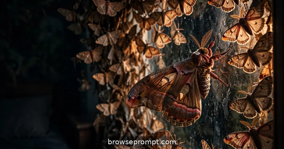 Dark cinematic still of the moth at the window: small-horror, scaled-up dread, floodlight amber on wing-brown, bedroom dark.