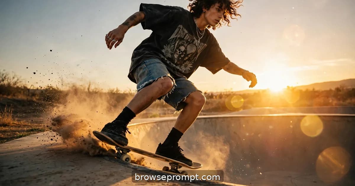 A skater in a baggy vintage fit carves the lip of a concrete bowl at golden hour, dust spraying into the sun flare.