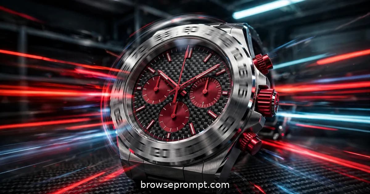 A steel racing chronograph with crimson accents on carbon fiber as race-car headlights streak past behind it.