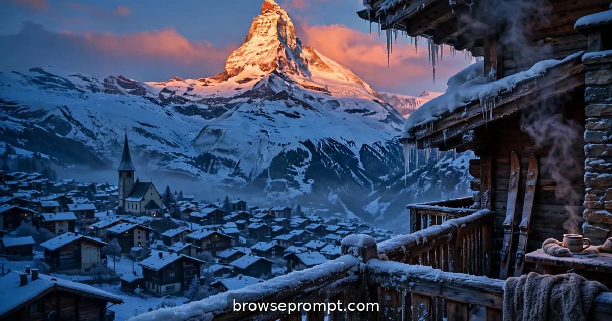 Matterhorn summit pyramid burning orange-pink with alpenglow above Zermatt in blue shadow.