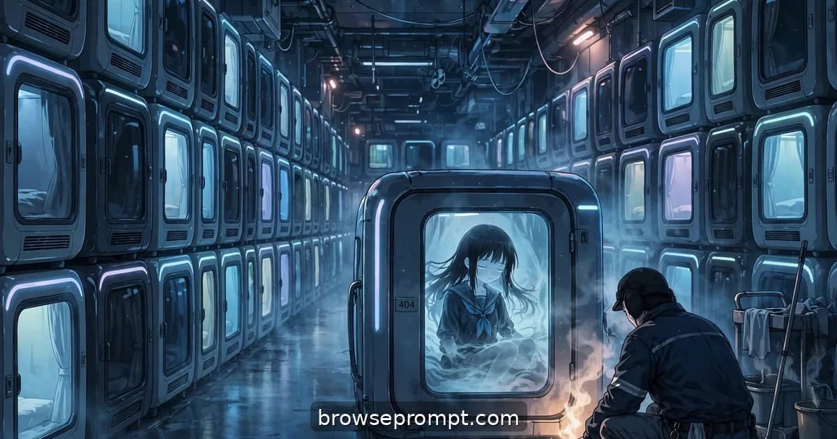 A translucent girl in a school uniform replays her last night inside a warm unrented glowing capsule pod at 3 AM.