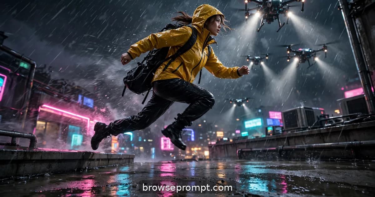 Courier sprinting across neon-lit Kowloon rooftops in the rain, cinematic action still.