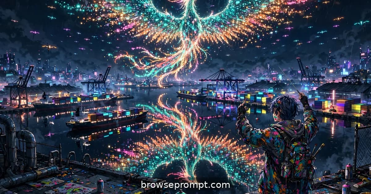 A street artist conducts with glowing batons as a thousand light-drones weave into a giant phoenix over the midnight harbor.