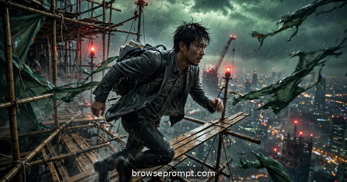 Whistleblower sprinting along swaying bamboo scaffolding in a typhoon, cinematic still.
