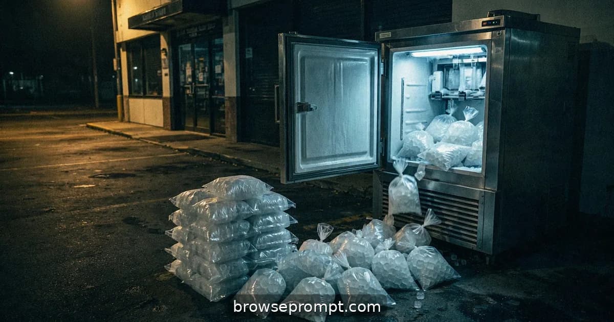 Dark cinematic still of gas mart ice machine: quiet, inexplicable wrongness, blue-white machine glow, sodium lot light.