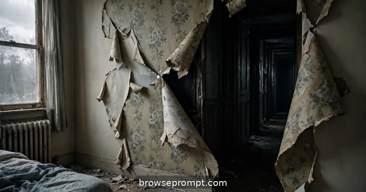 Chilling cover art of wallpaper peels back with a architectural impossibility, dread of hidden spaces atmosphere.