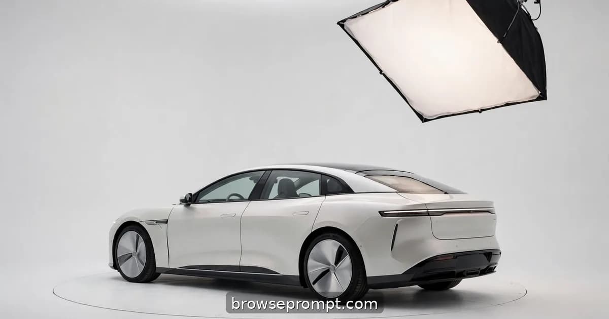 A pearl-white electric sedan rotating on a turntable in an infinite white studio under traveling soft light.
