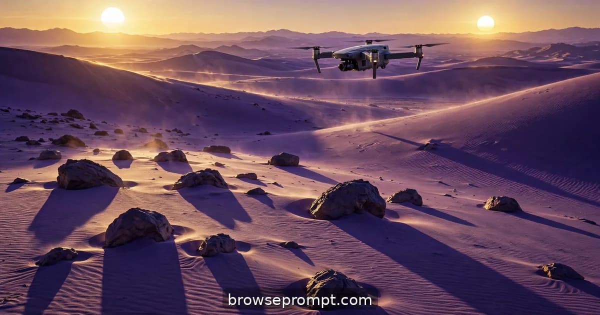 A drone crossing violet alien dunes under two suns, twin shadows stretching across the sand.
