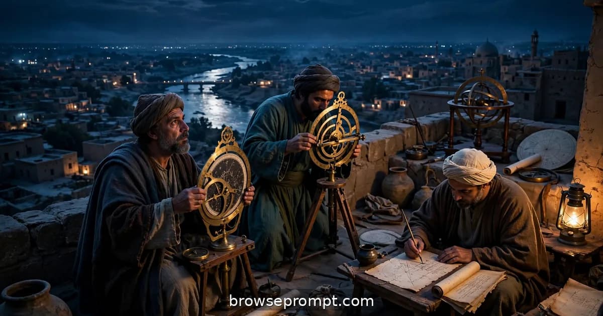 Scholars of the House of Wisdom chart the night sky with brass astrolabes on a Baghdad rooftop observatory.