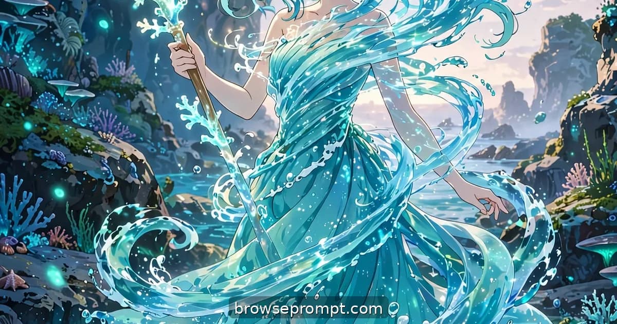 A fisher's daughter rises from a glowing tide pool as spiraling water becomes an aquamarine gown and pearl crown.