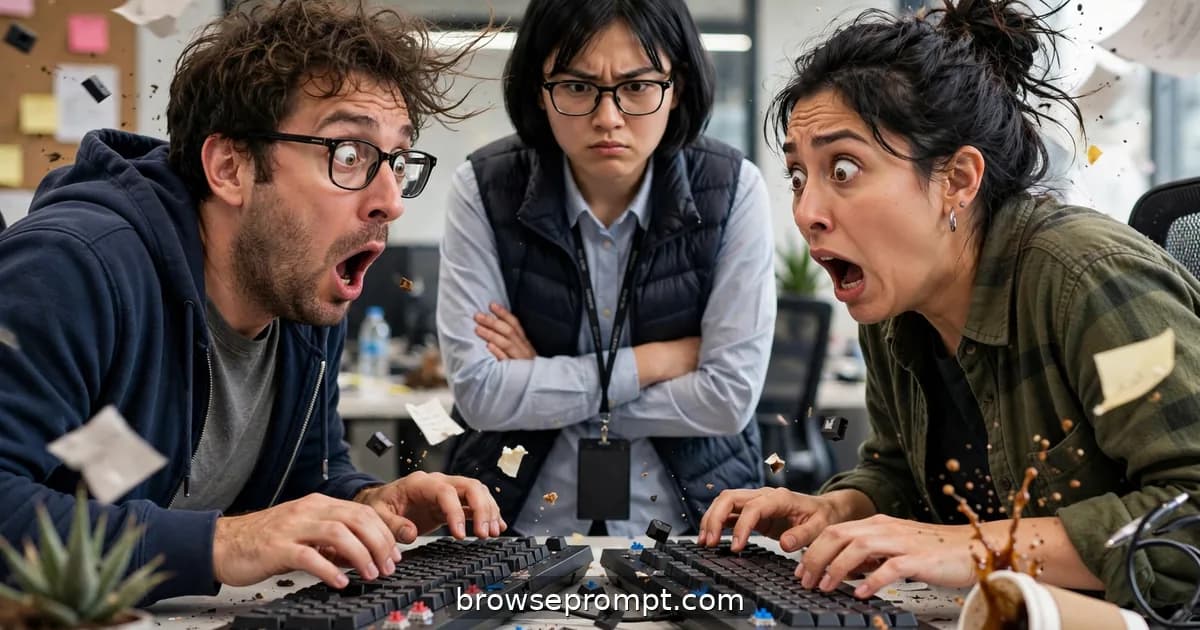 Comedic cover art: two developers settle a code-review feud with a typing-speed duel on mechanical keyboards, judged by a very serious intern.