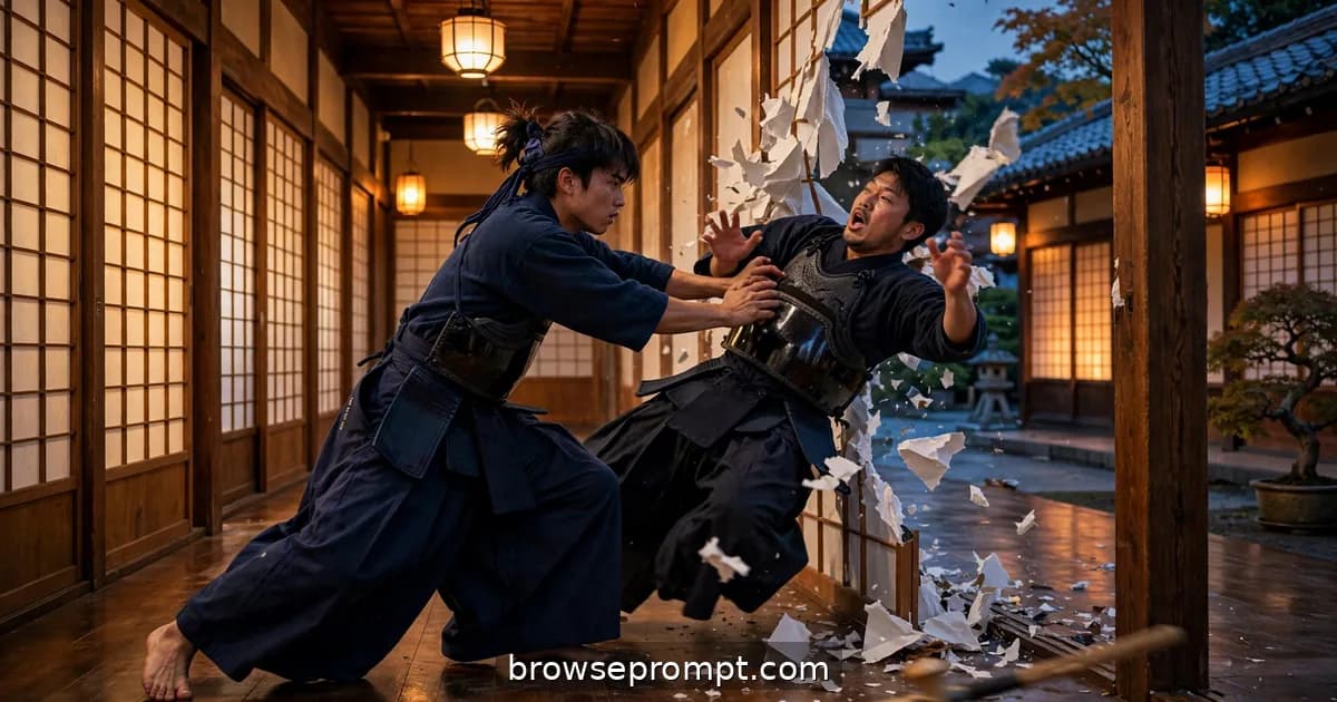 Kendoka throwing an opponent through a shoji paper wall in a dojo hallway, cinematic still.