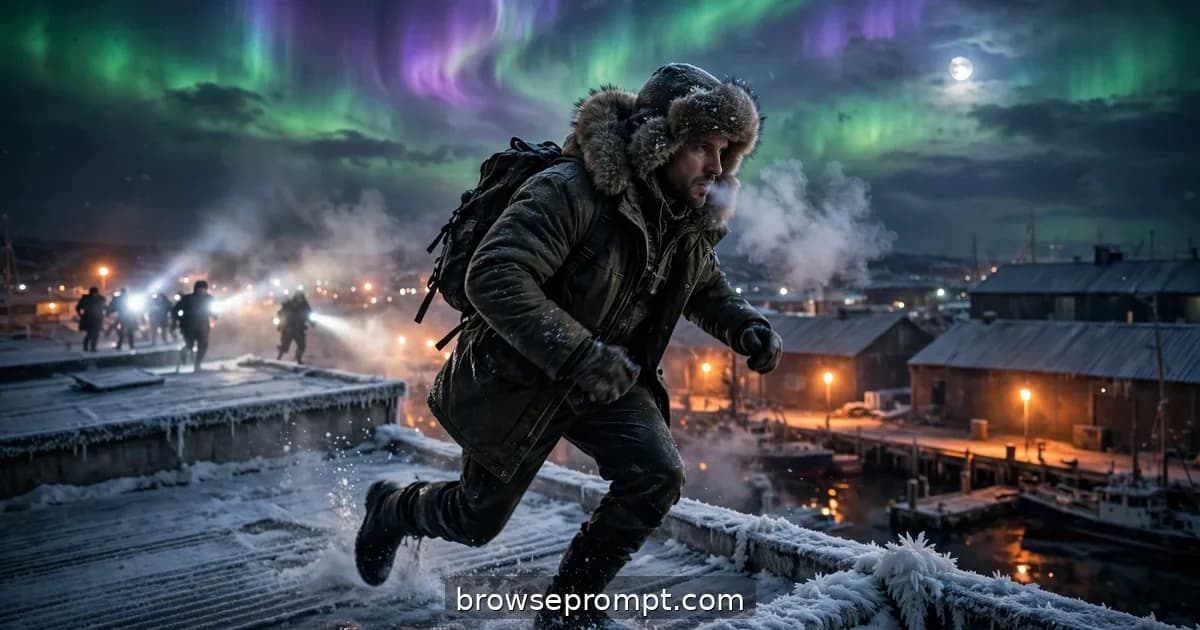 Smuggler sprinting across frost-covered harbor warehouses under the aurora, cinematic still.
