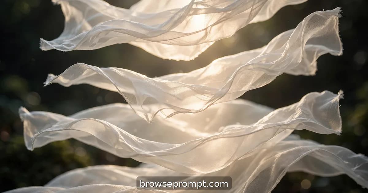 Layers of sheer ivory chiffon lift in a breath of wind, light passing through the translucent weave like breath.