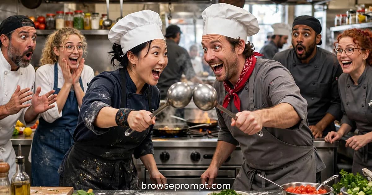 Comedic cover art: two rival sous-chefs settle a recipe argument with an old-western-style ladle duel in the middle of a busy kitchen.