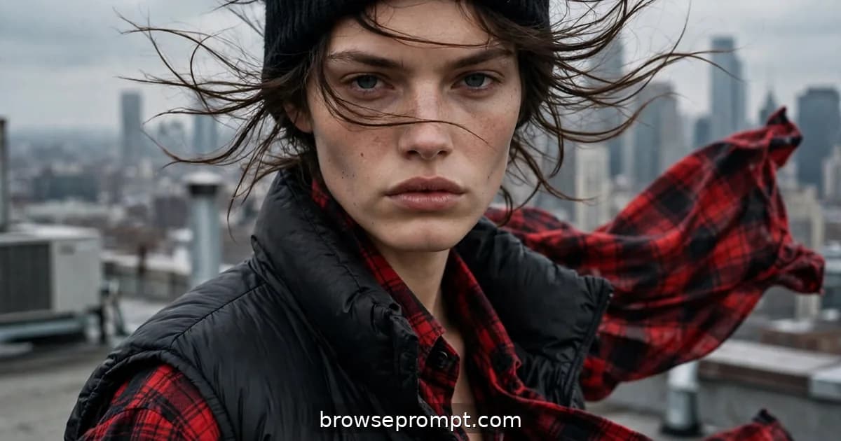 A model in layered streetwear stands on a windswept rooftop parking deck, gusts tearing at loose layers, gaze locked on camera.