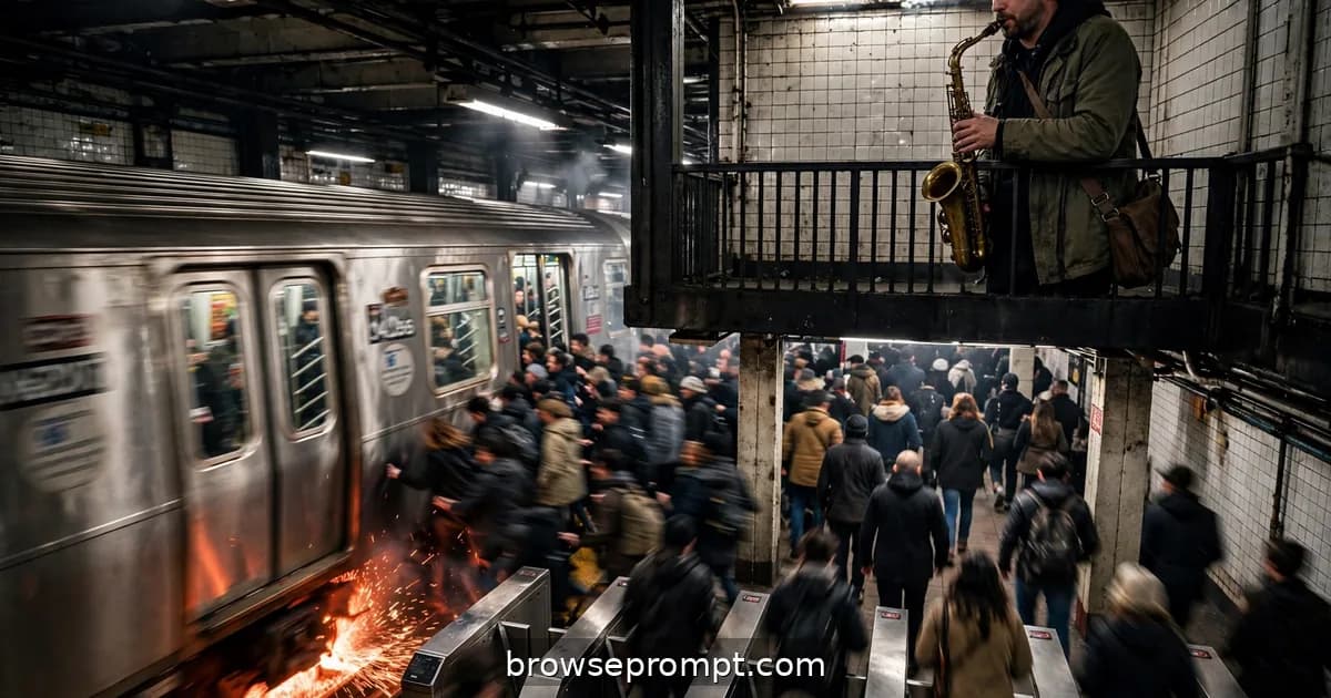 Rush-hour crowd flowing through a Lexington Avenue subway station as a train screams in.