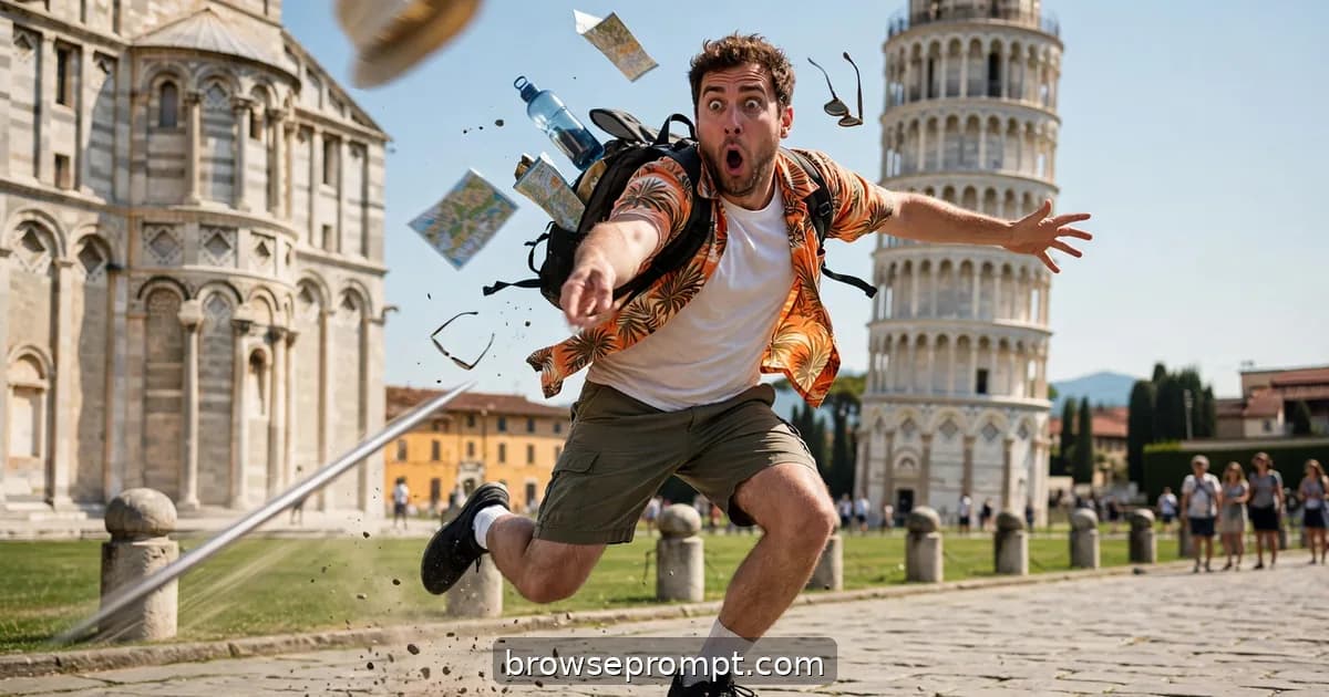 Comedic cover art: a tourist's quest for the perfect forced-perspective photo at the Leaning Tower of Pisa goes wrong when the selfie stick becomes a javelin.