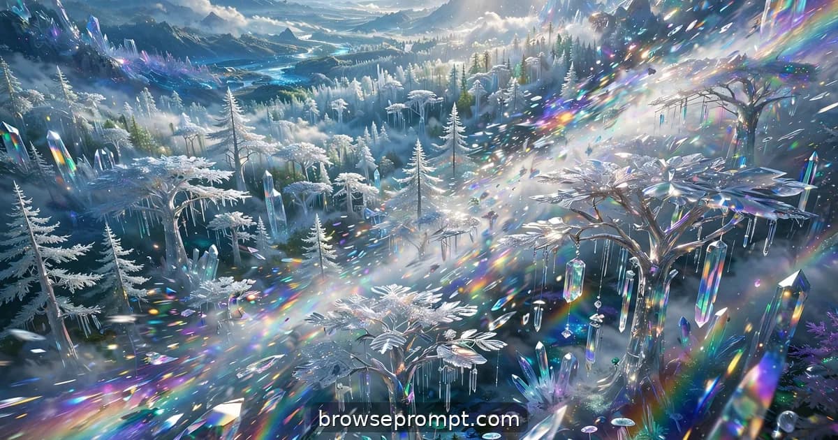 An aerial view drifting over a forest of translucent crystal trees chiming in an alien wind.