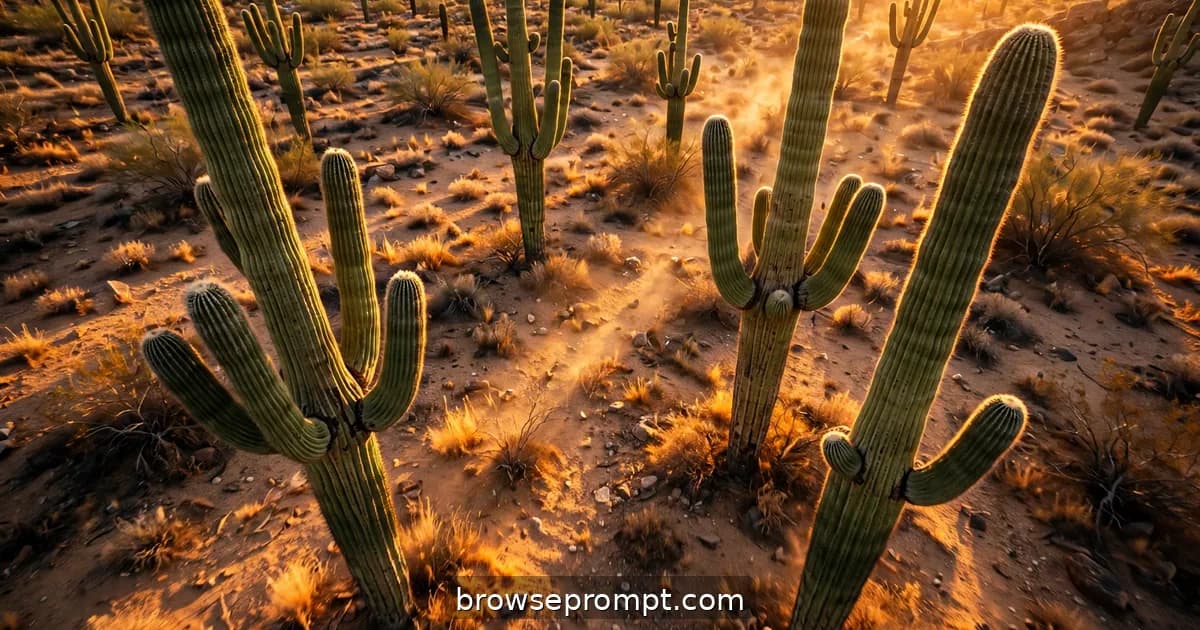 Aerial nature cover art: a low drone flight weaves giant saguaros at sunset, the desert floor glowing.