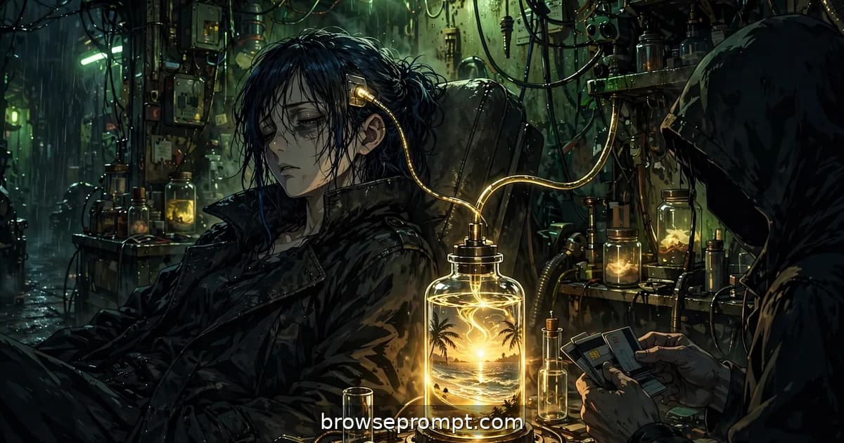 A weary broker jacks a cable into her temple as her sunny childhood memory drains into a glowing vial.