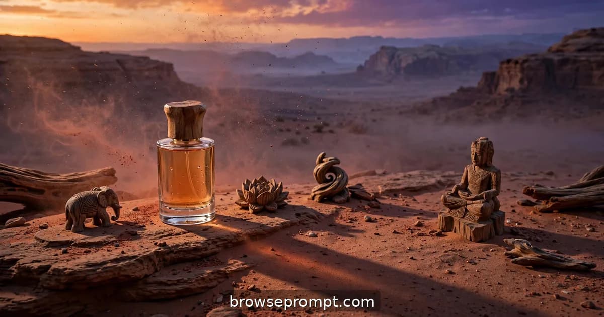 An amber-capped sandalwood perfume bottle on a sandstone ledge as the desert sun drops into violet dusk.