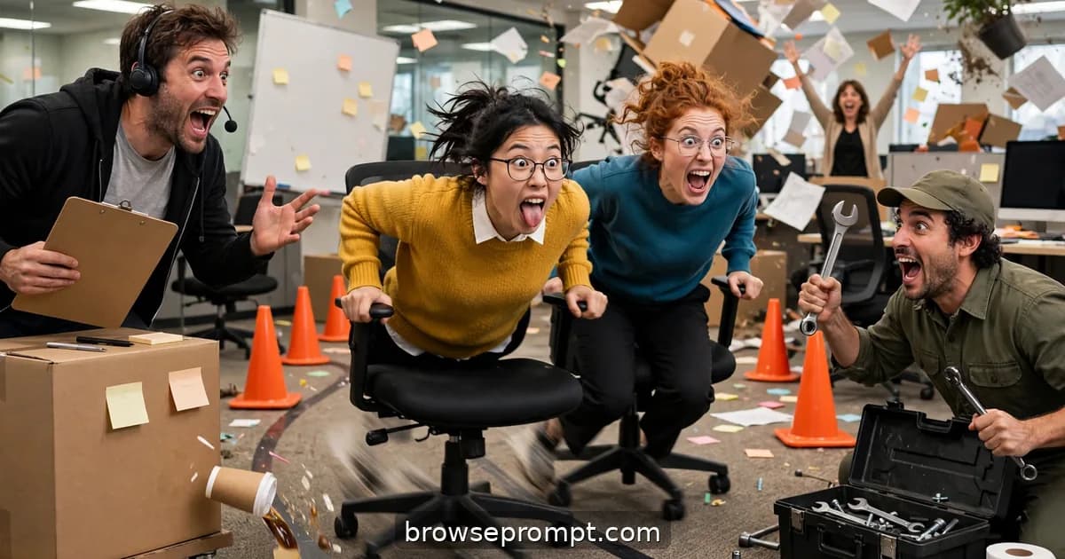 Comedic cover art: bored coworkers turn the empty office floor into a swivel-chair racetrack, complete with commentary, pit stops, and a dramatic photo finish.