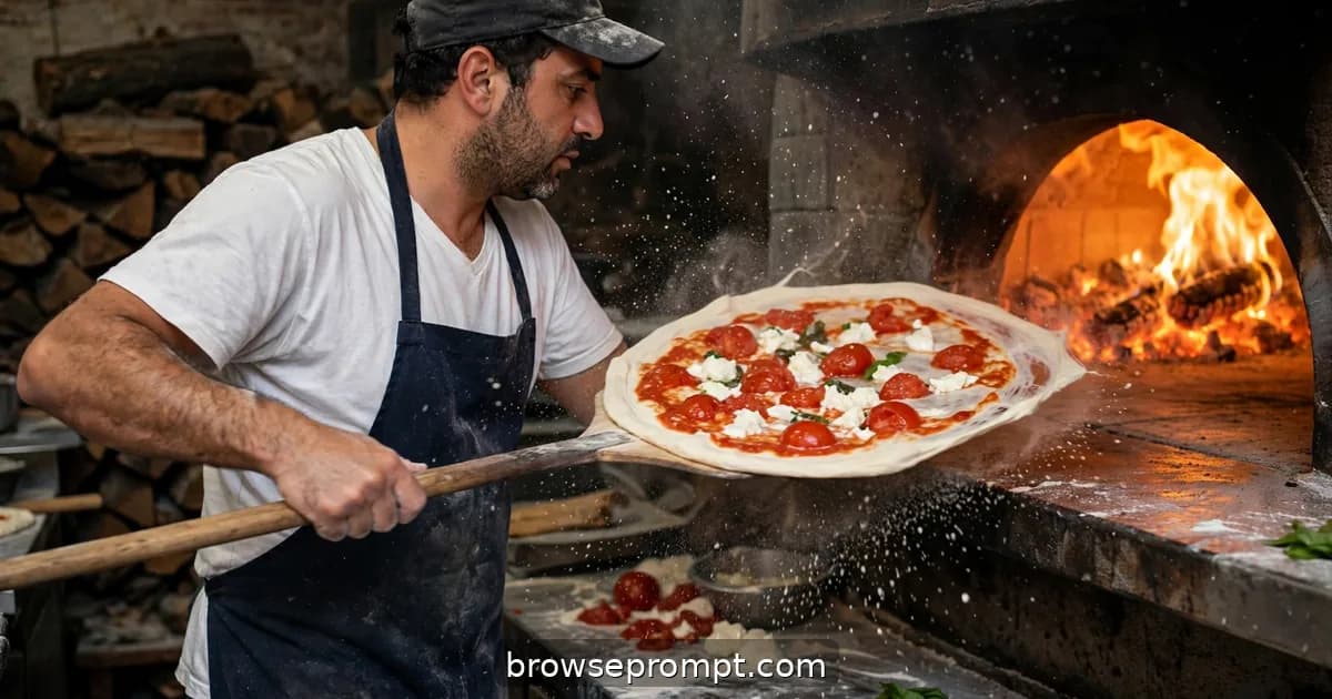 A Neapolitan pizzaiolo launches a margherita into a 450-degree wood oven, flour hanging in the air like snow.