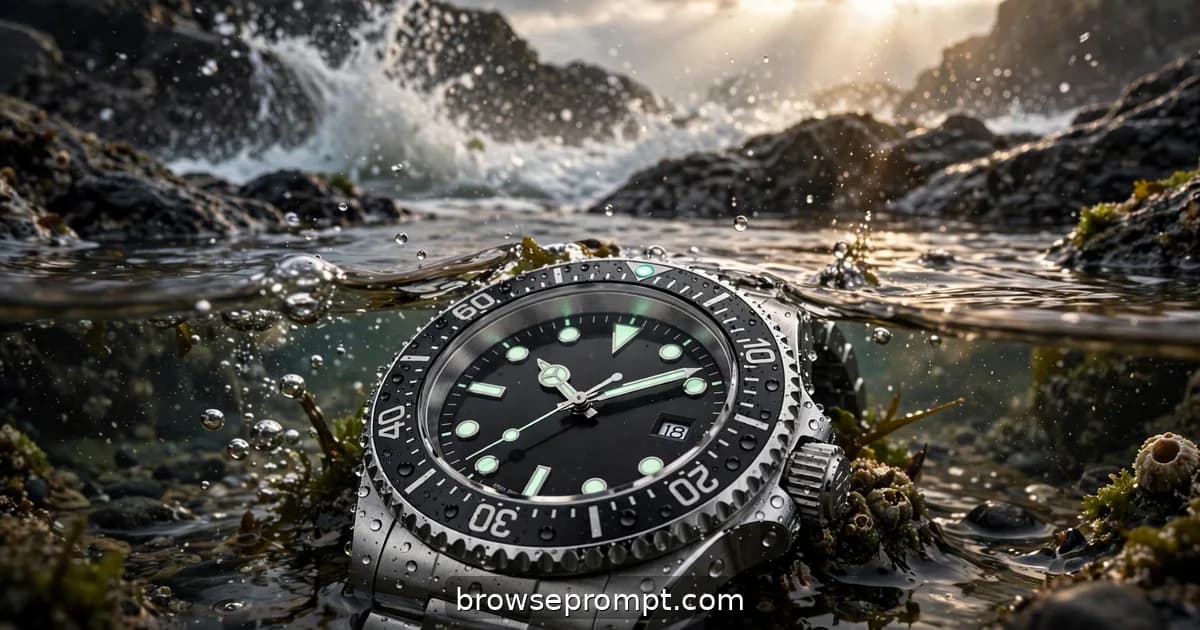 A steel diver's watch in a tide pool as a wave crashes behind it, droplets beading on its ceramic bezel.