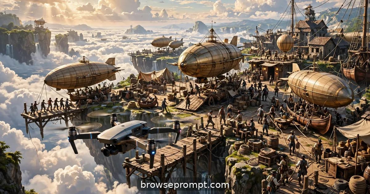 A drone drifting through a skyport where airships dock at a floating island's wooden piers.