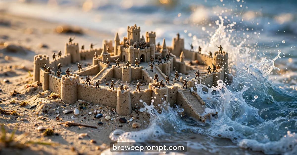 Tilt-shift photo of a tiny sandcastle kingdom with soldiers manning the walls as the tide approaches.