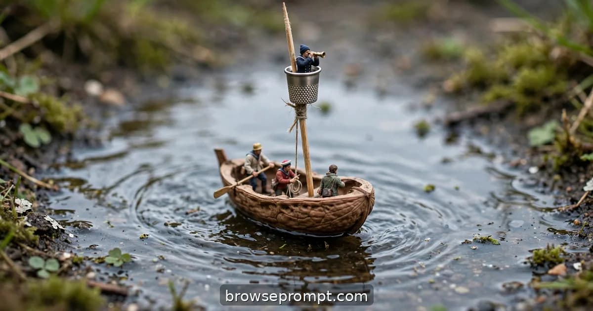 Tilt-shift photo of tiny sailors crossing a puddle in a walnut-shell ship with a toothpick mast.