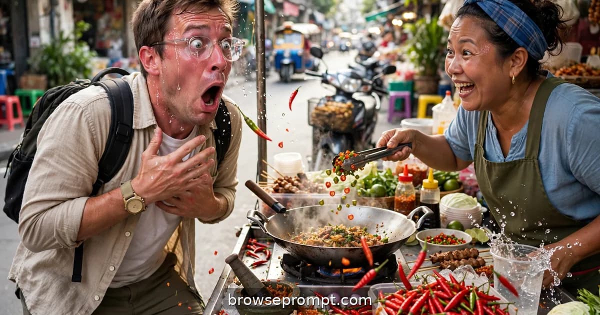 Comedic cover art: a confident tourist insists on 'Thai spicy, no fear' at a Bangkok street stall, and learns what fear tastes like in under a minute.