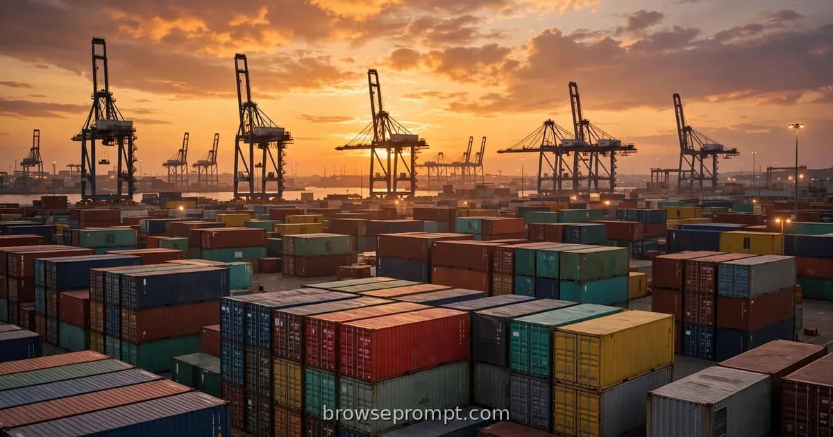 Smugglers sprinting between stacked shipping containers under a gantry crane at night, cinematic still.